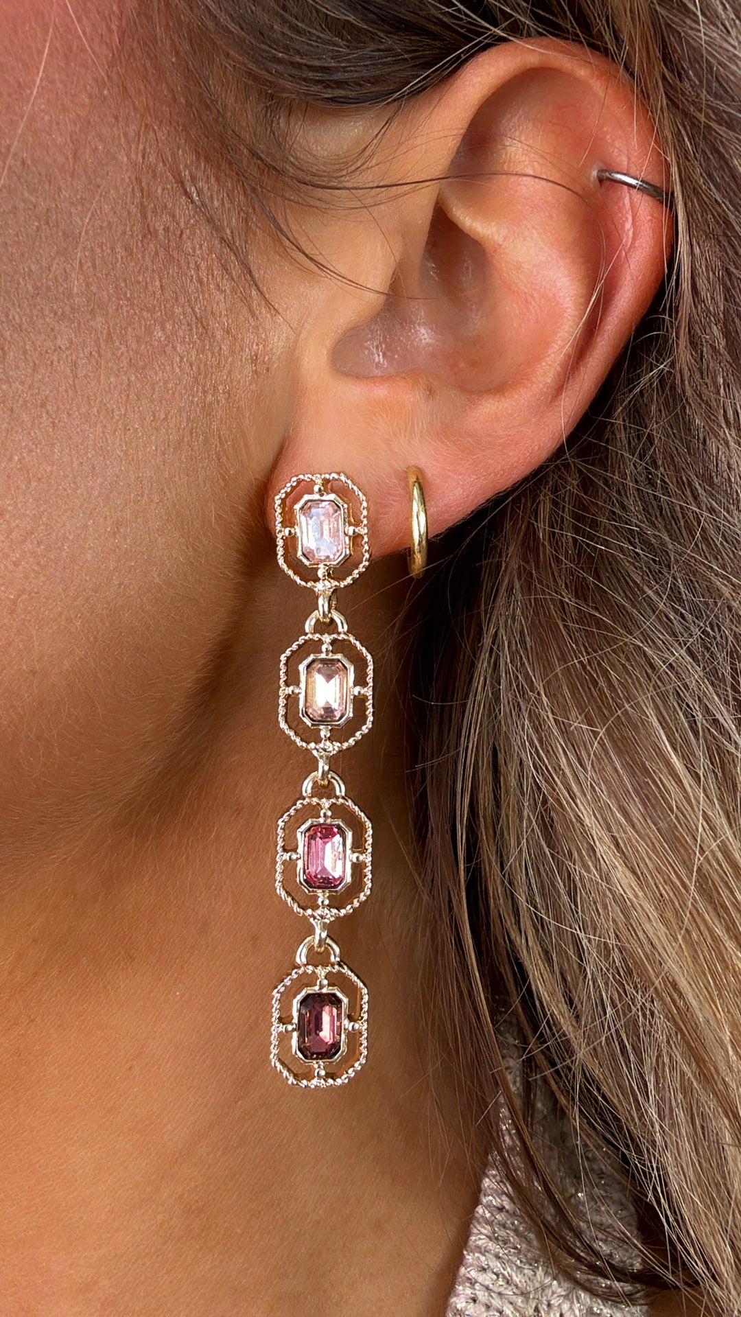 Dangle Jeweled Earring, Pink/Gold