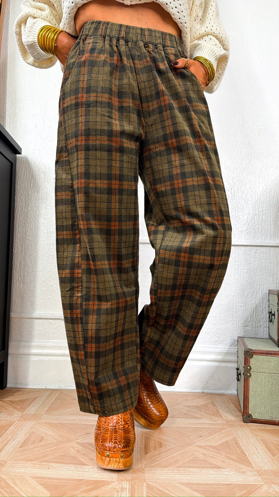 Corduroy Wide Leg Pants, Olive Plaid