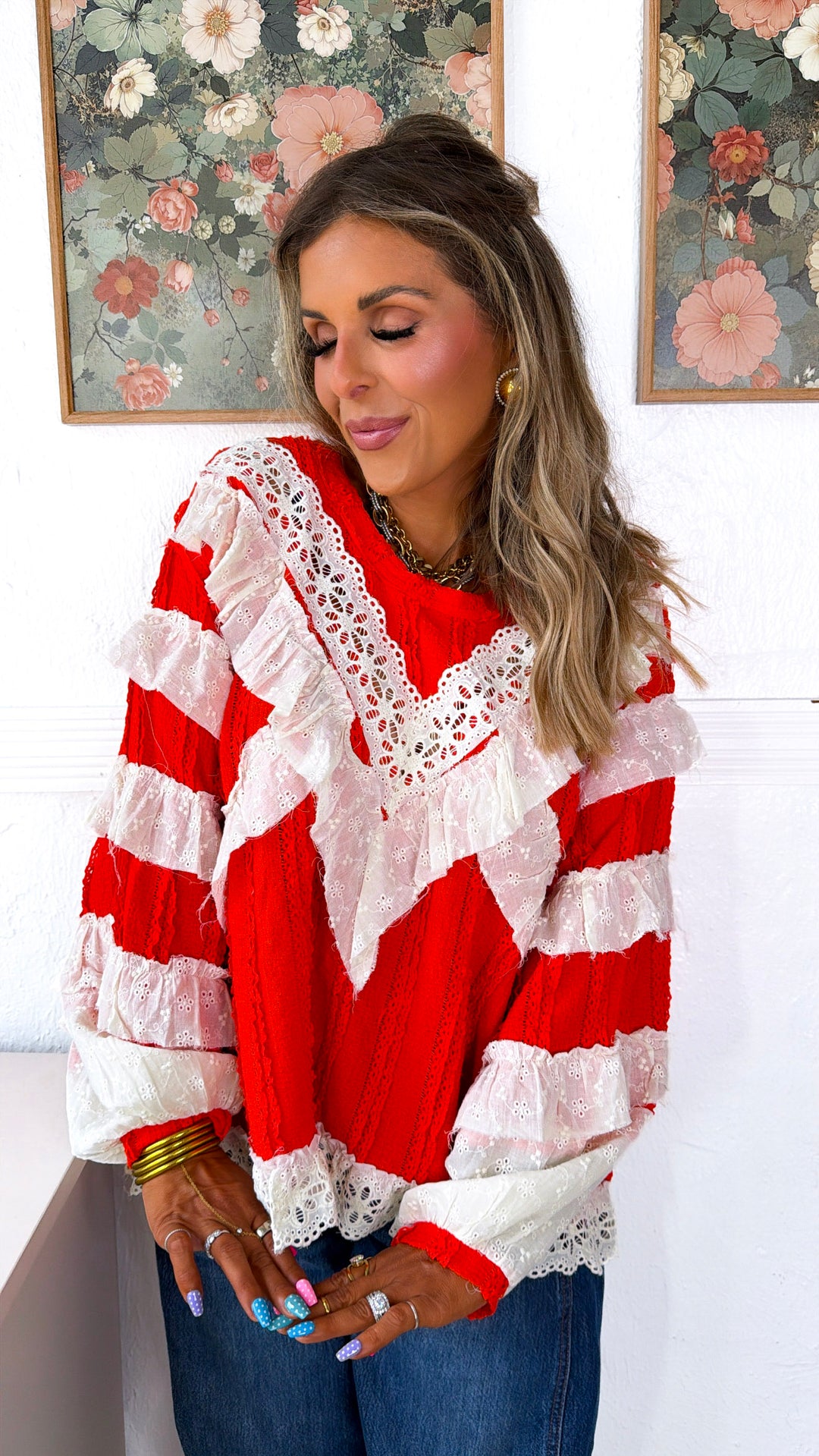 Strawberry Milk Ruffled Blouse, Apple Red