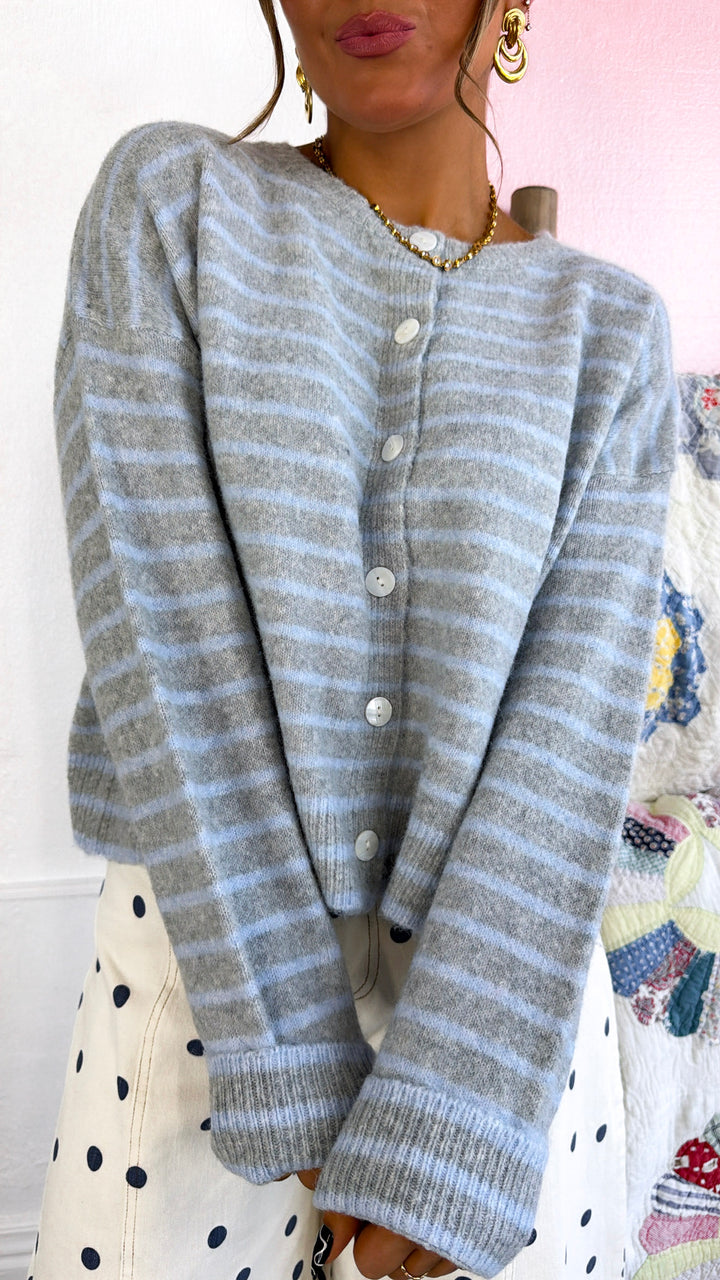 Faye Button Up Sweater, H.Grey/Sky