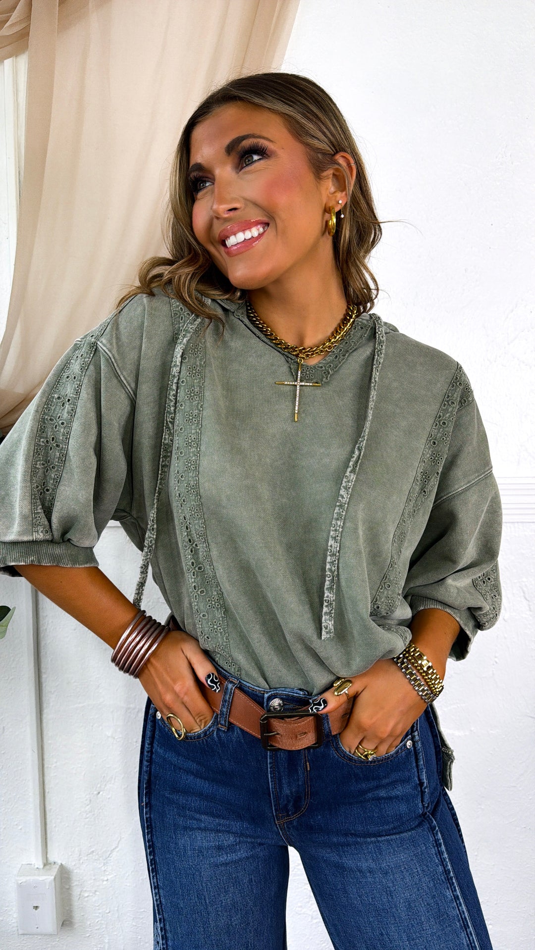 Charlie Hooded Trimmed Top, Olive