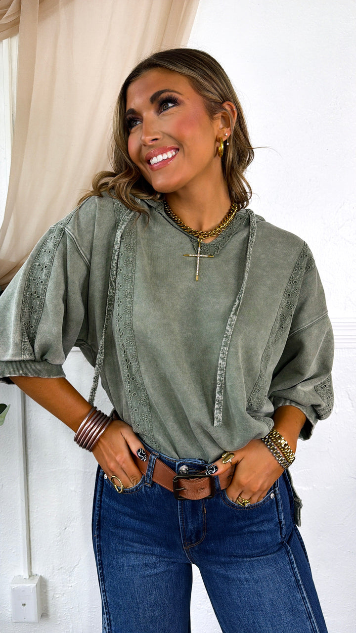 Charlie Hooded Trimmed Top, Olive