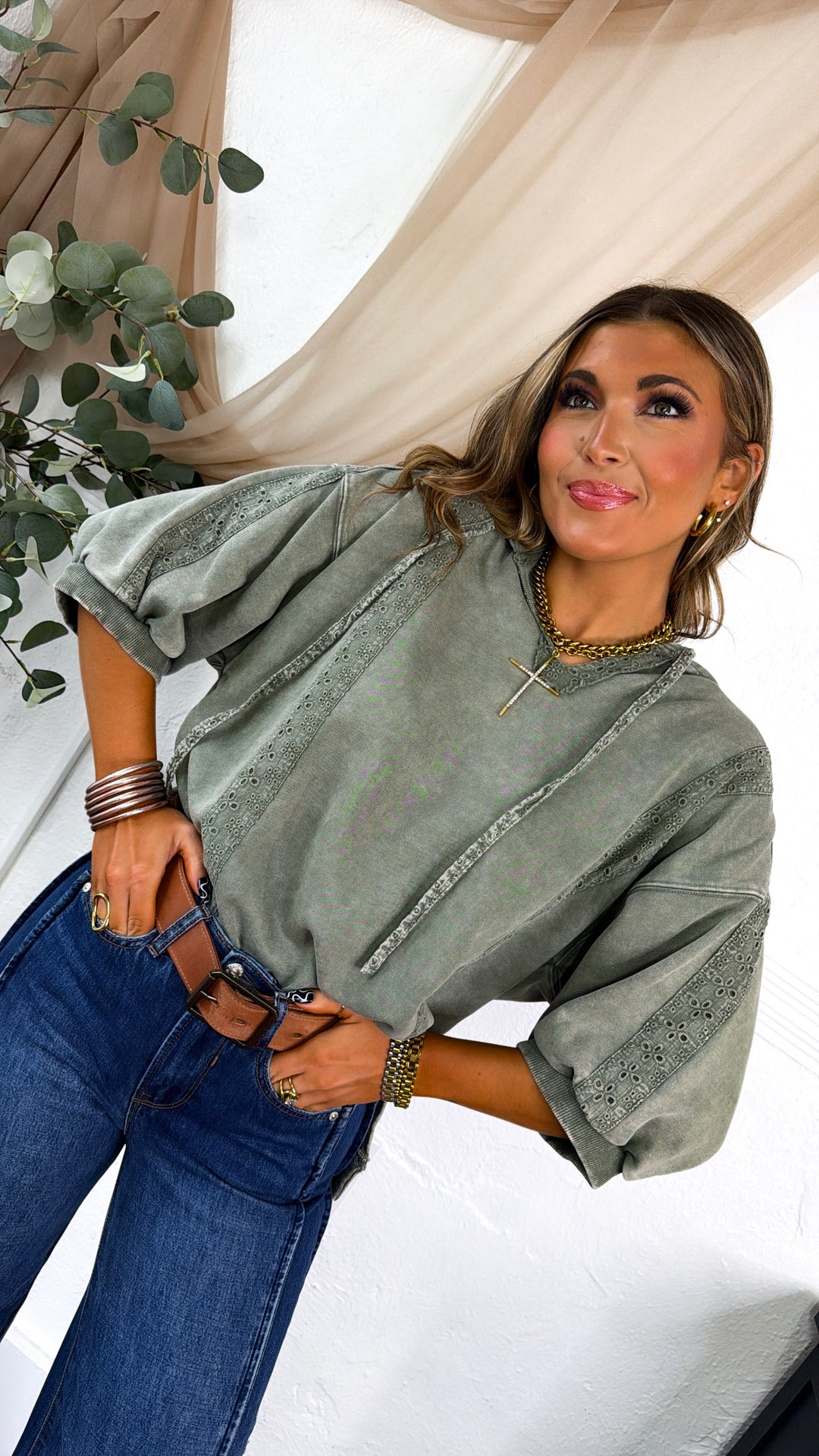 Charlie Hooded Trimmed Top, Olive