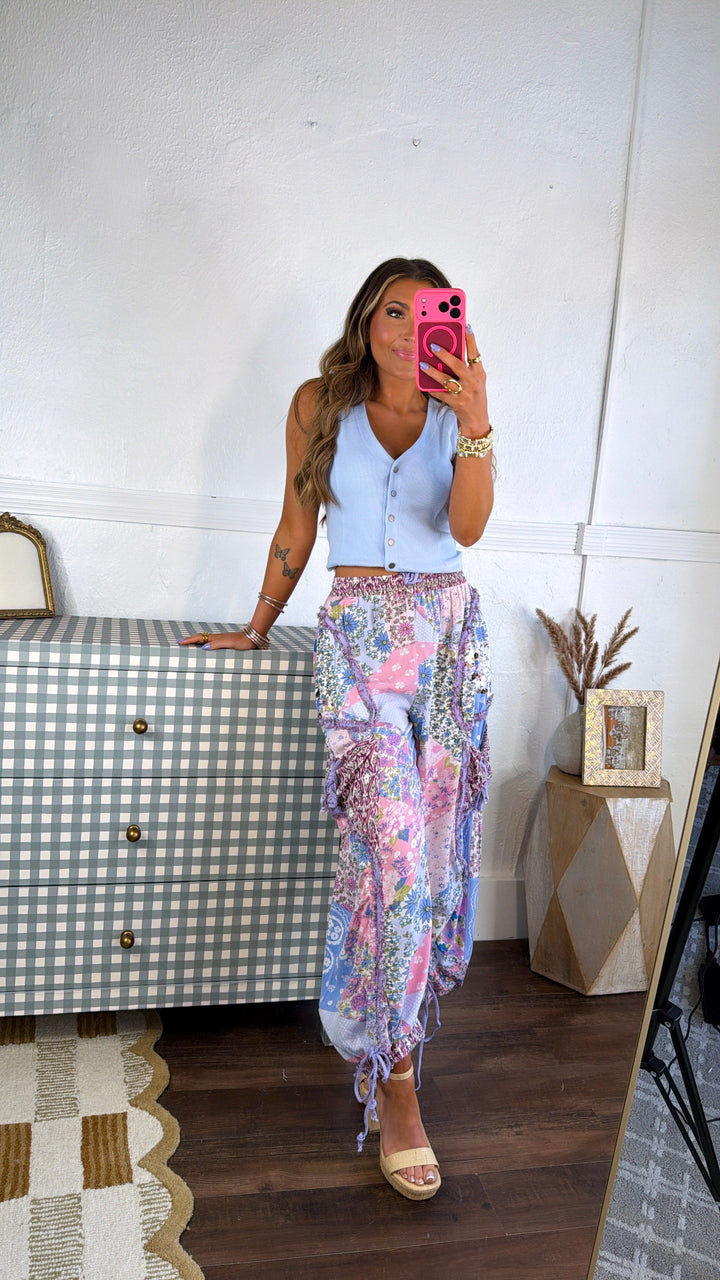 Spring Haze Tie Pant, Sky-Pink Combo