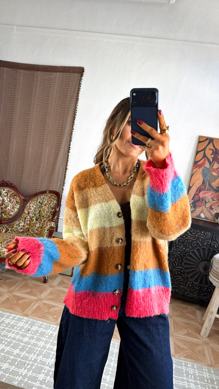 Color Block Stripe Cardigan, Choco Multi