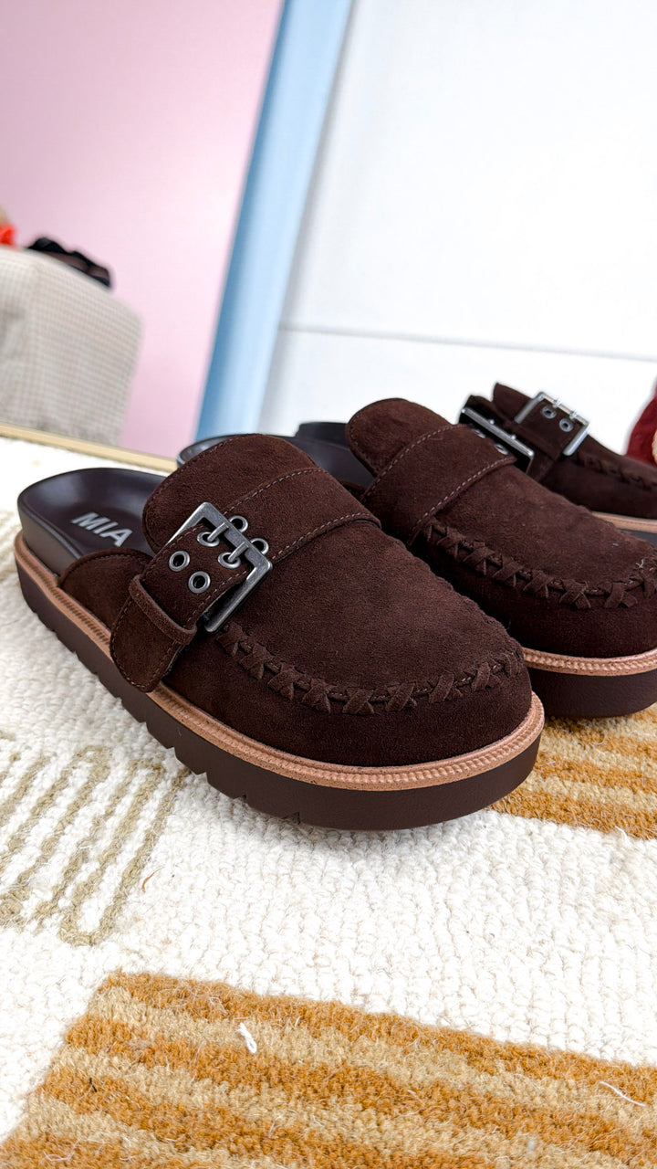 Zamara Suede Buckle Clog, Chocolate