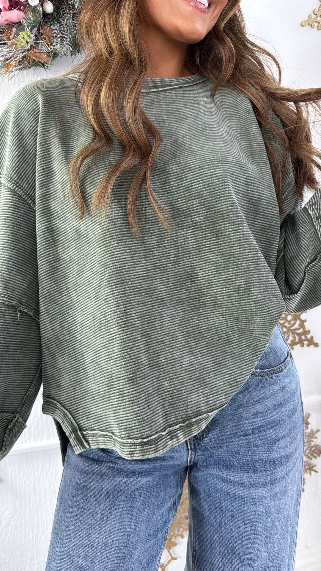 DOORBUSTER: Acid Washed Ribbed Cropped Pullover, DK Olive