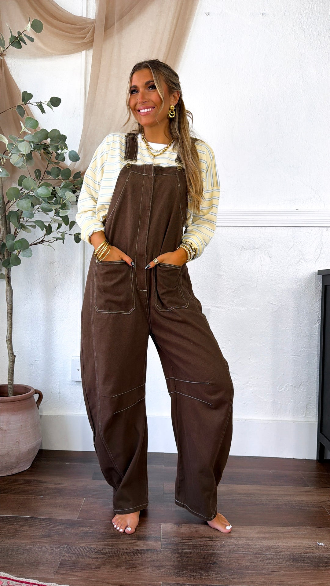 Open Fields Denim Overalls, Mocha Brown