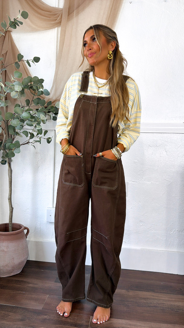 Open Fields Denim Overalls, Mocha Brown