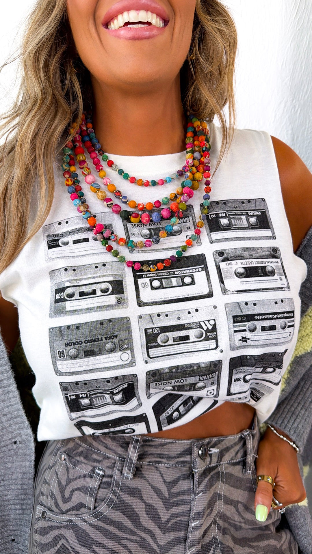 Throwback Cassette Tape Muscle Tee, White/ Black
