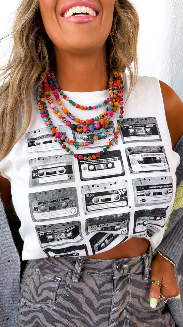 Throwback Cassette Tape Muscle Tee, White/ Black