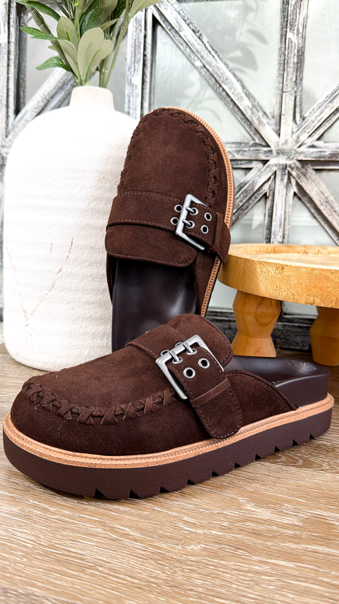 Zamara Suede Buckle Clog, Chocolate