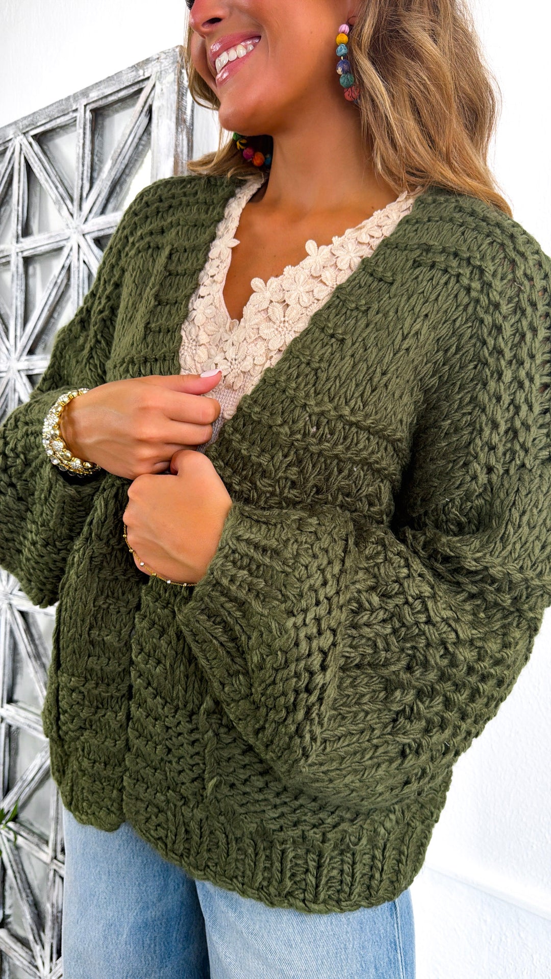 Thick Knit Chunky Cardigan, Olive Green