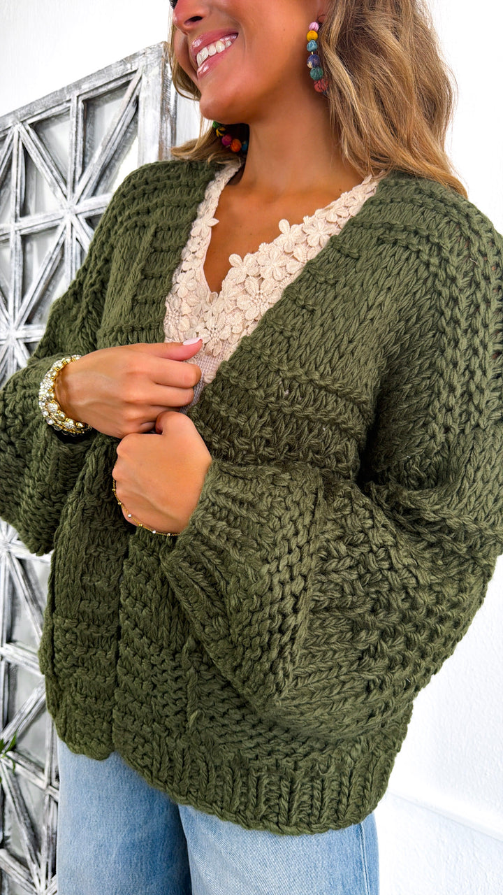 Thick Knit Chunky Cardigan, Olive Green