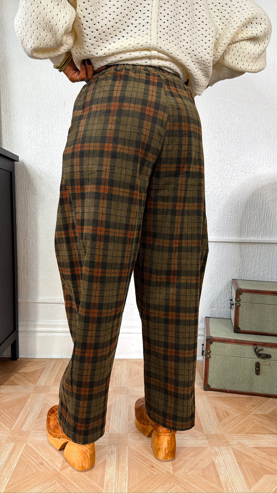 Corduroy Wide Leg Pants, Olive Plaid