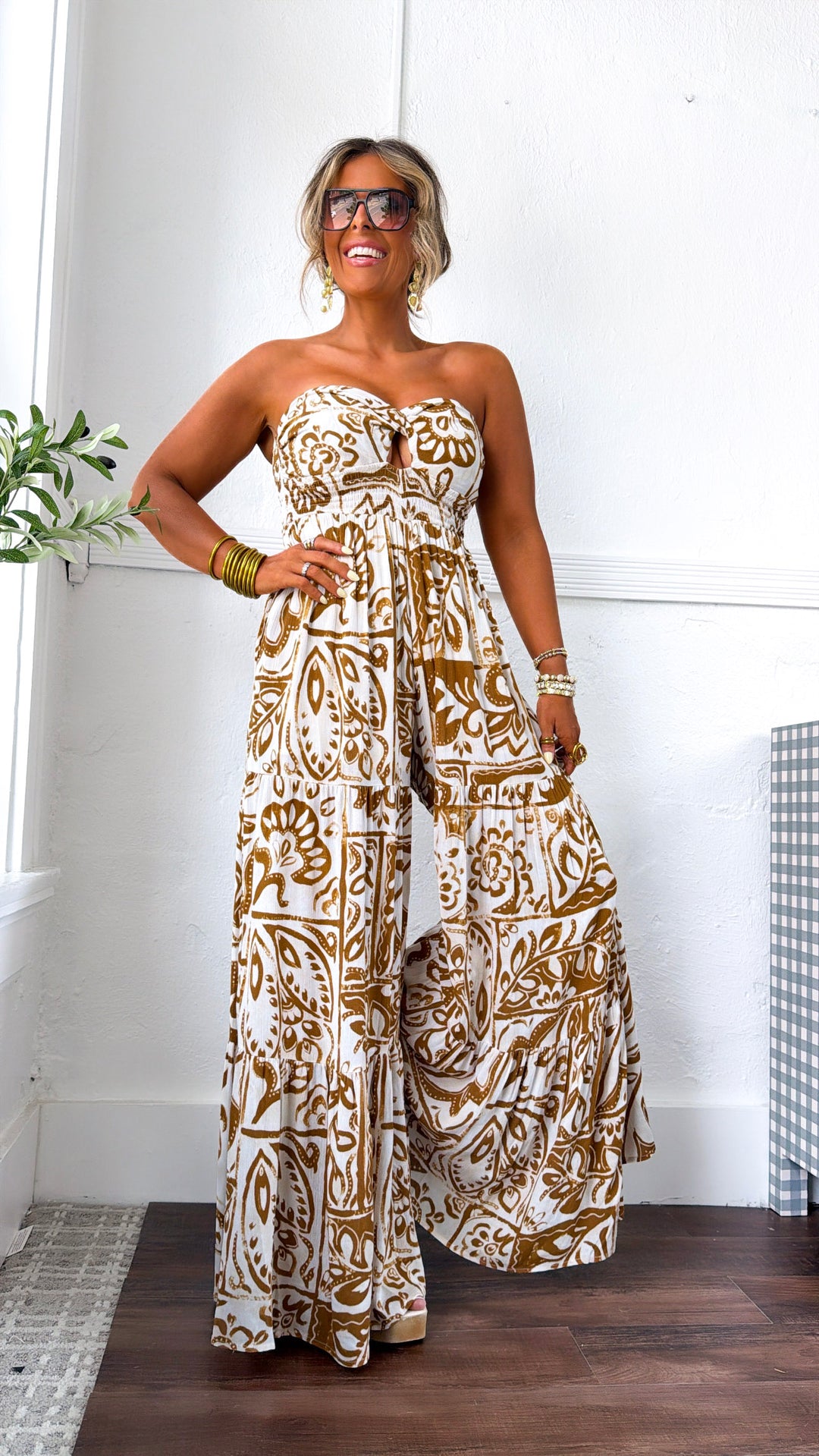 Belluna Strapless Jumpsuit, Cream/ Taupe Small Belluna Strapless Jumpsuit, Cream/ Taupe Small