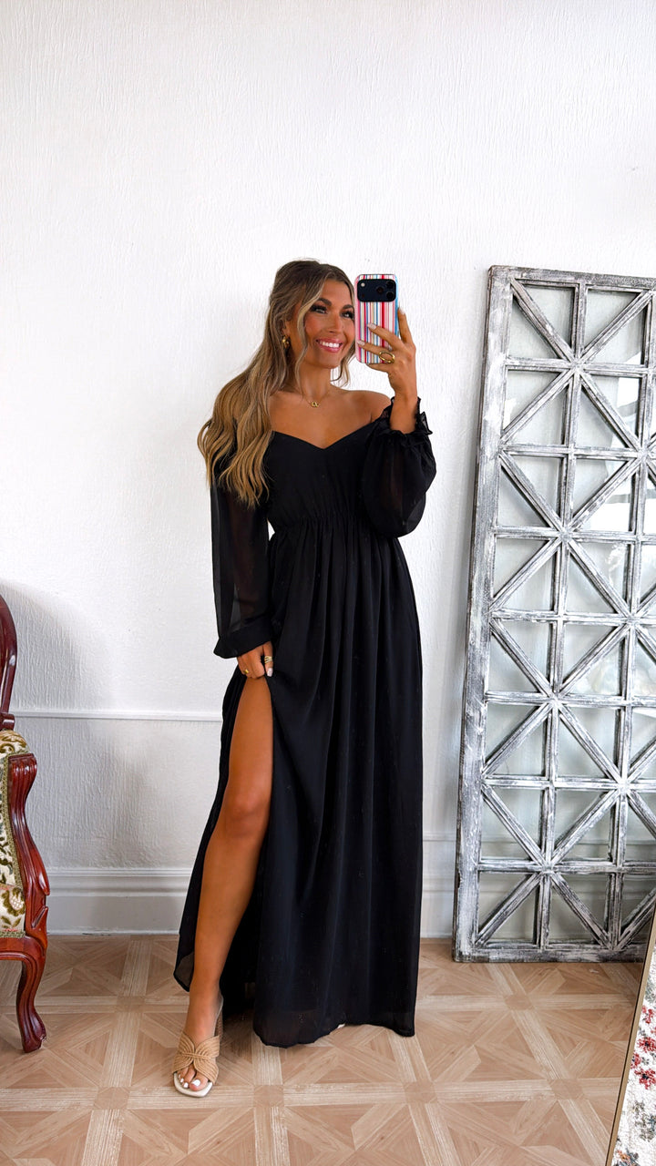 ECB Exclusive: Timeless Romantic Chiffon Maxi Dress, Black