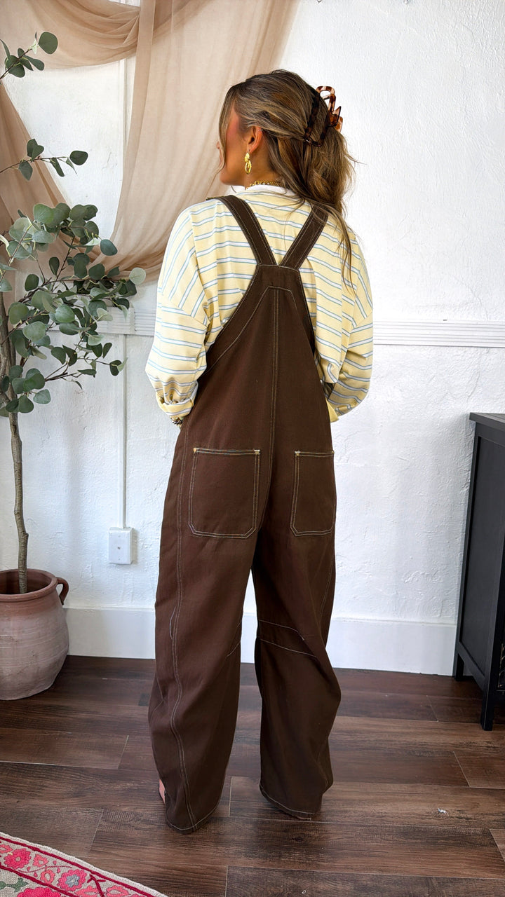 Open Fields Denim Overalls, Mocha Brown