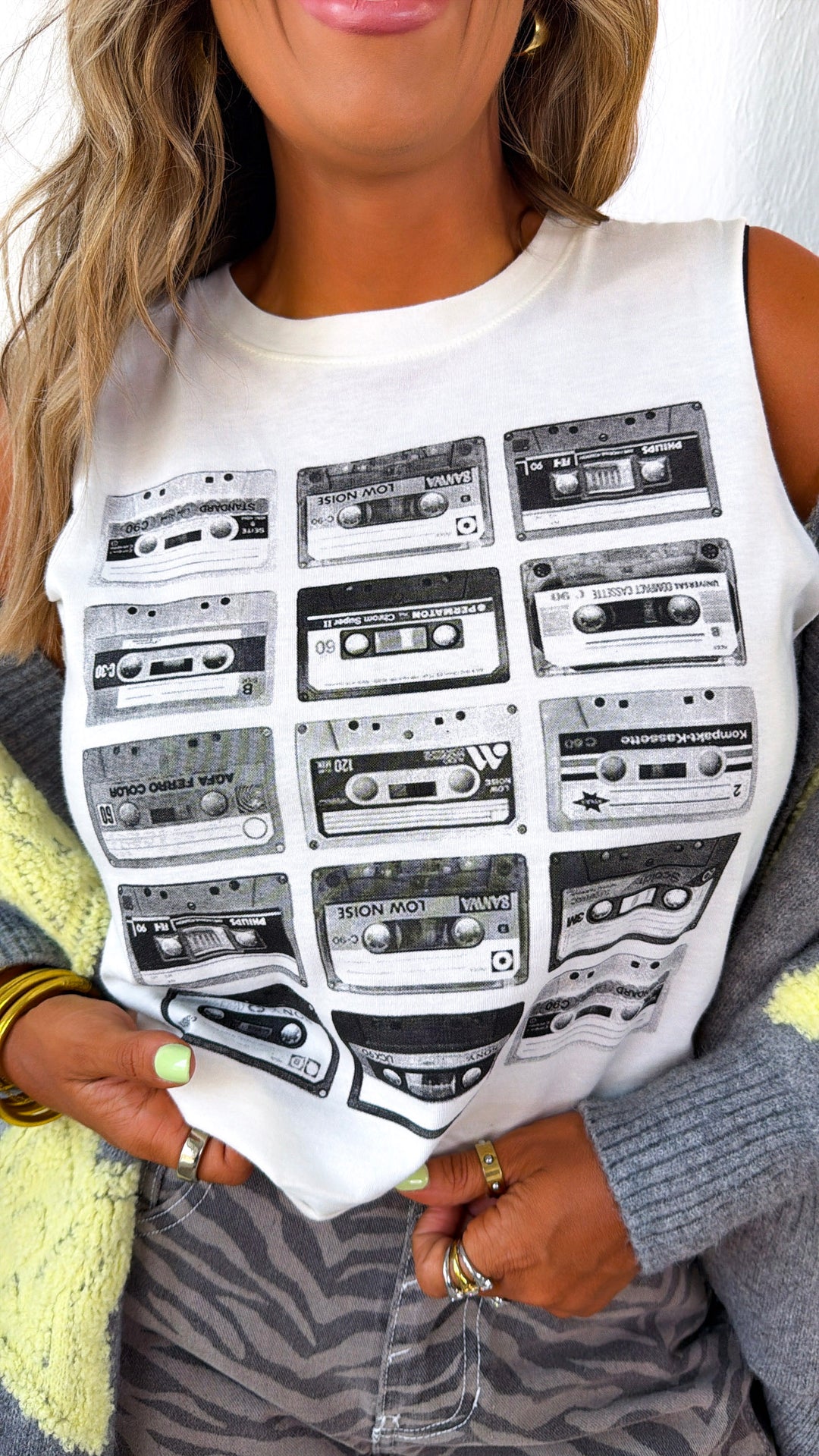 Throwback Cassette Tape Muscle Tee, White/ Black