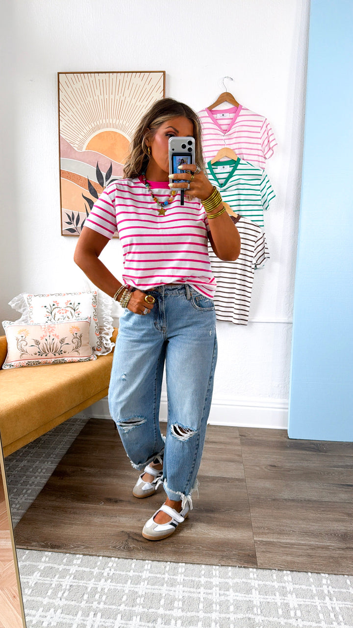 The Modern Stripe T- Shirt, Hot Pink/White