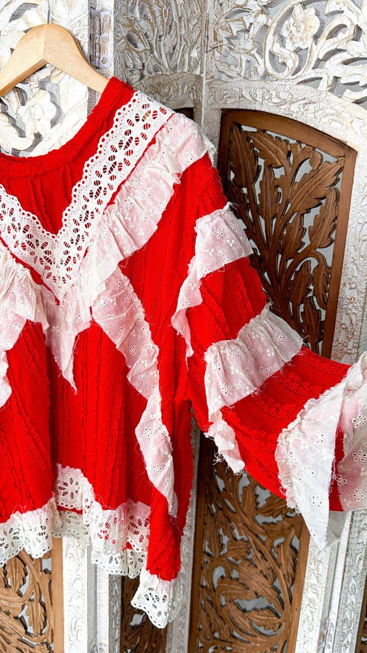 Strawberry Milk Ruffled Blouse, Apple Red