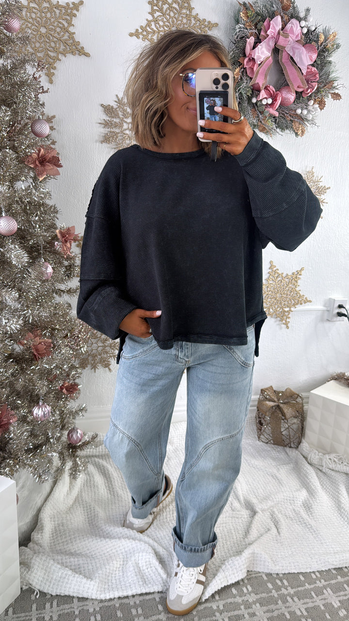 DOORBUSTER: Acid Washed Ribbed Cropped Pullover, Black