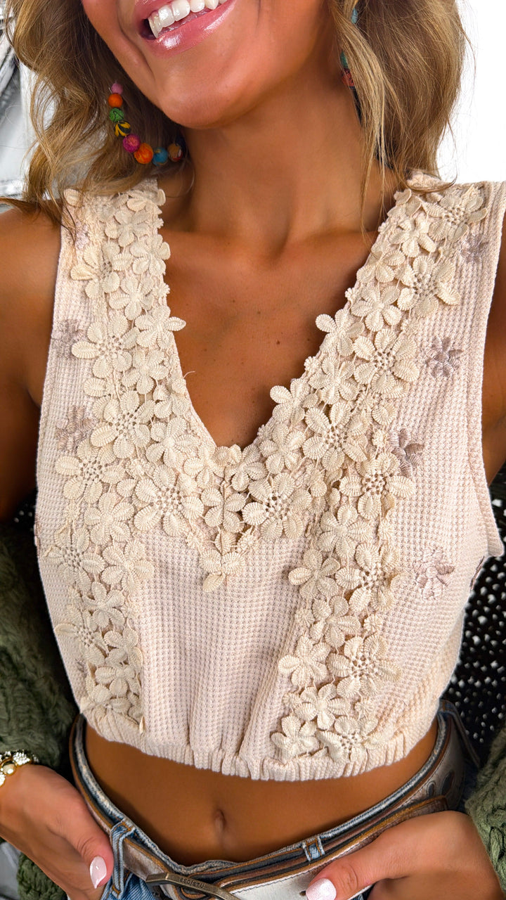 Knit Bralette Floral Embellished Top, Beige
