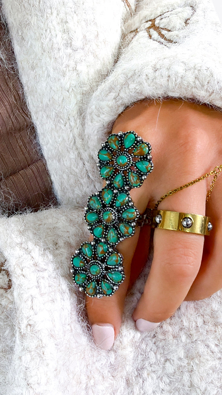 Triple Flower Stone Ring, Green