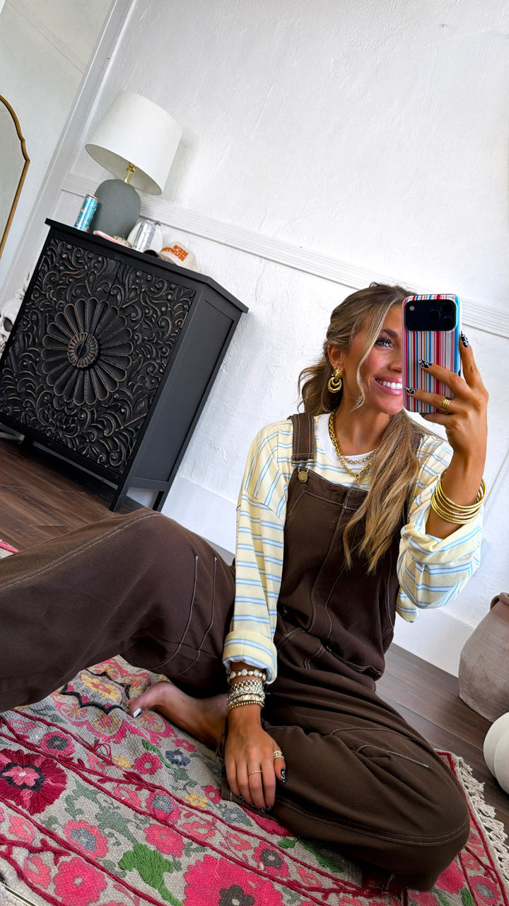 Open Fields Denim Overalls, Mocha Brown