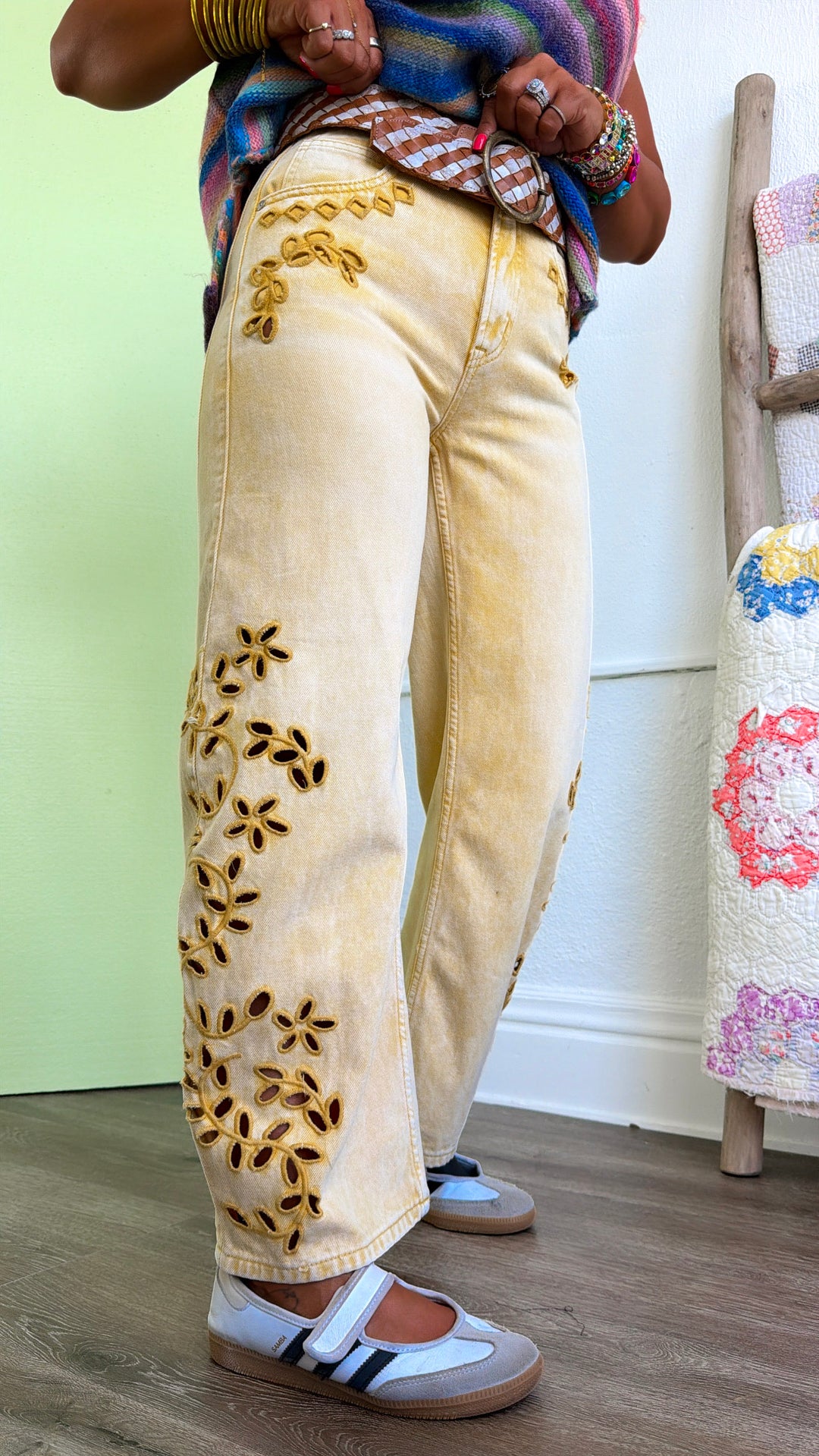 Eyelet Floral Barrel Jeans, Yellow