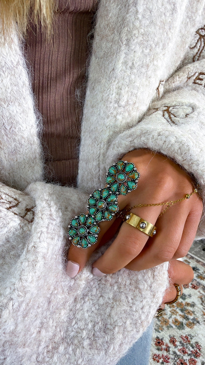 Triple Flower Stone Ring, Green