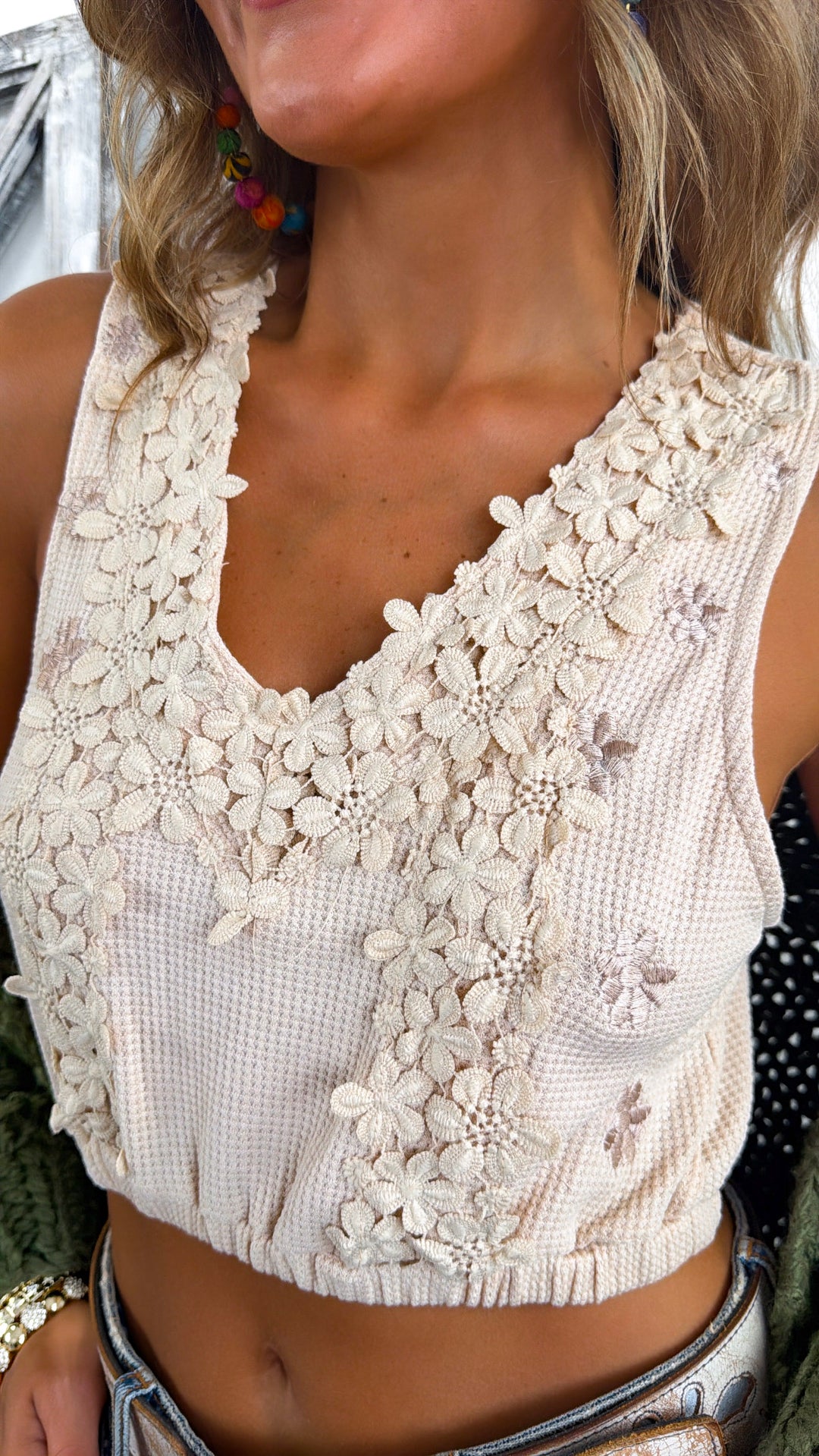 Knit Bralette Floral Embellished Top, Beige