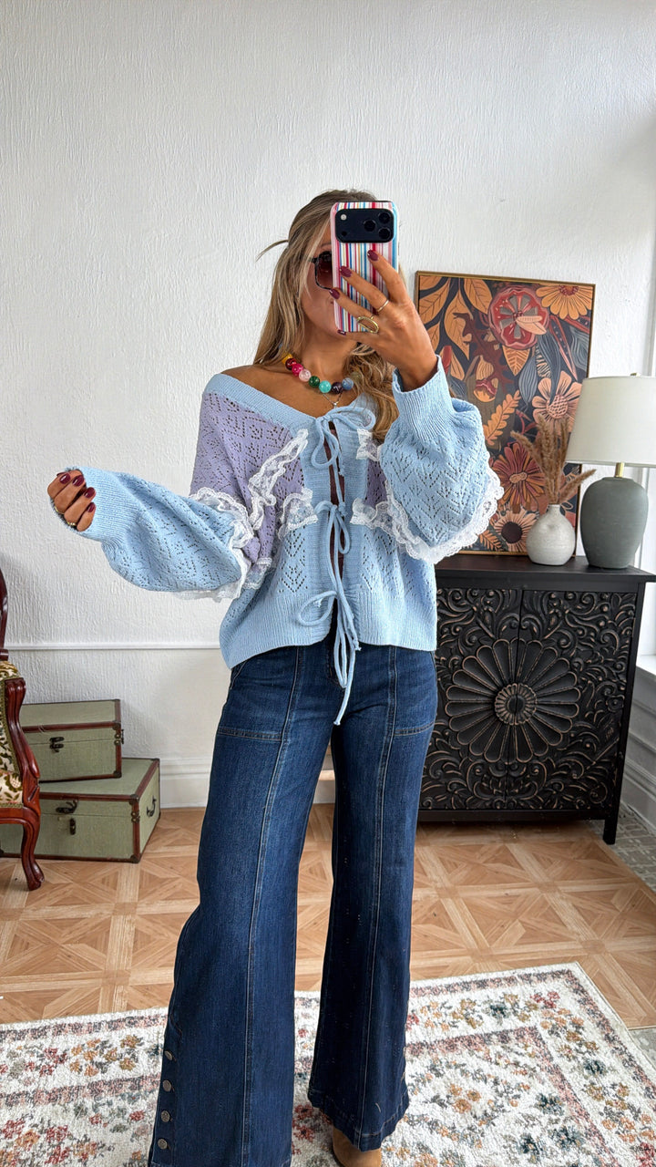 Warm Cottage Cardigan, Sky Blue Multi