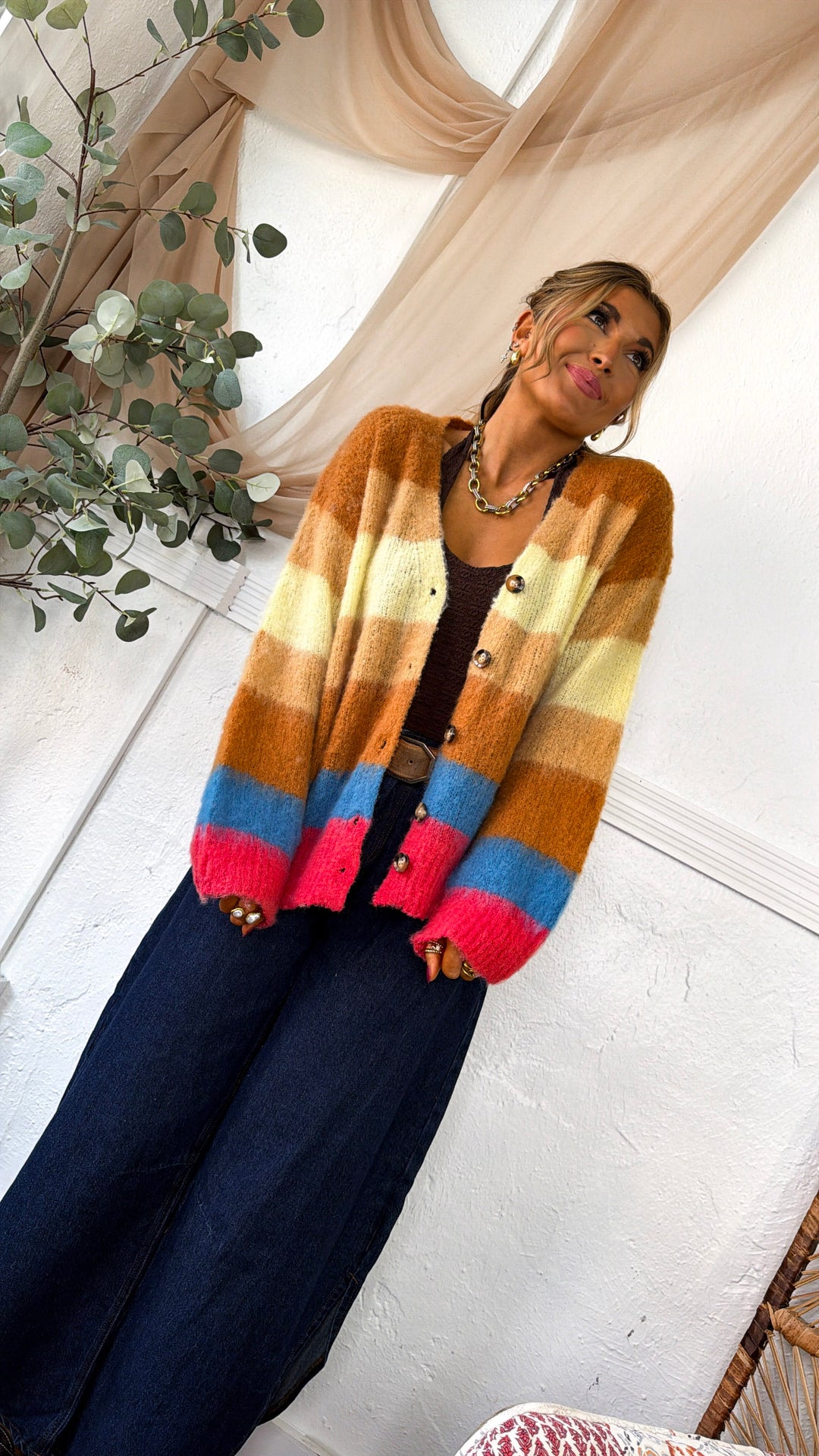 Color Block Stripe Cardigan, Choco Multi