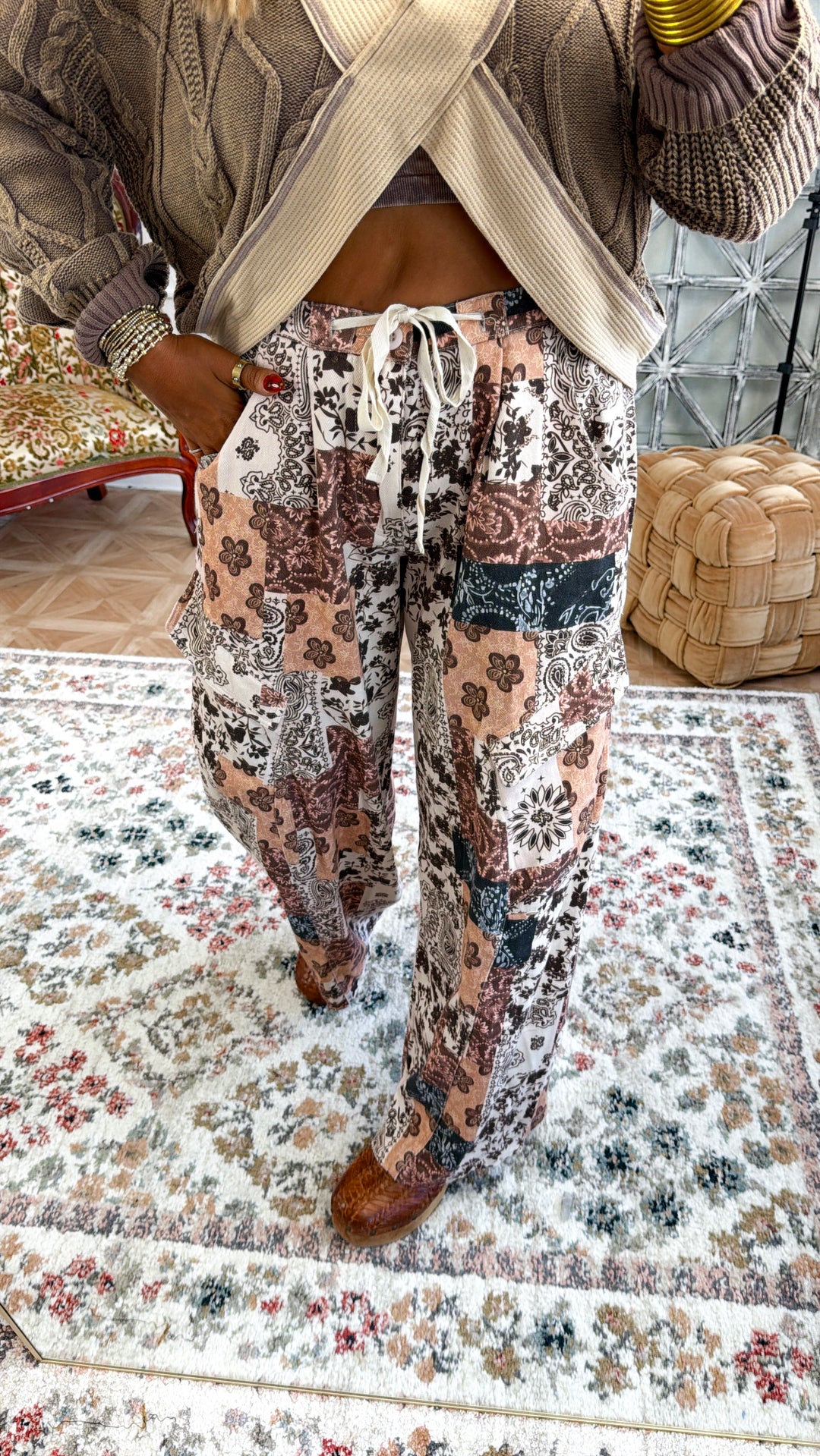 Paisley Patch Pants, Taupe Multi