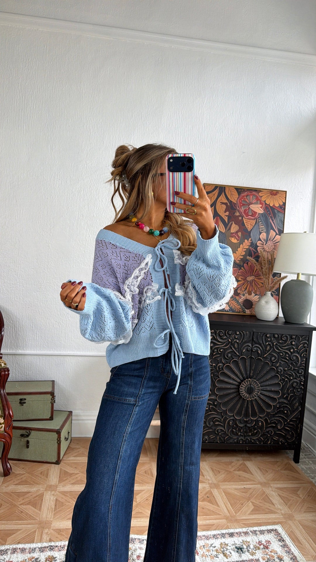 Warm Cottage Cardigan, Sky Blue Multi