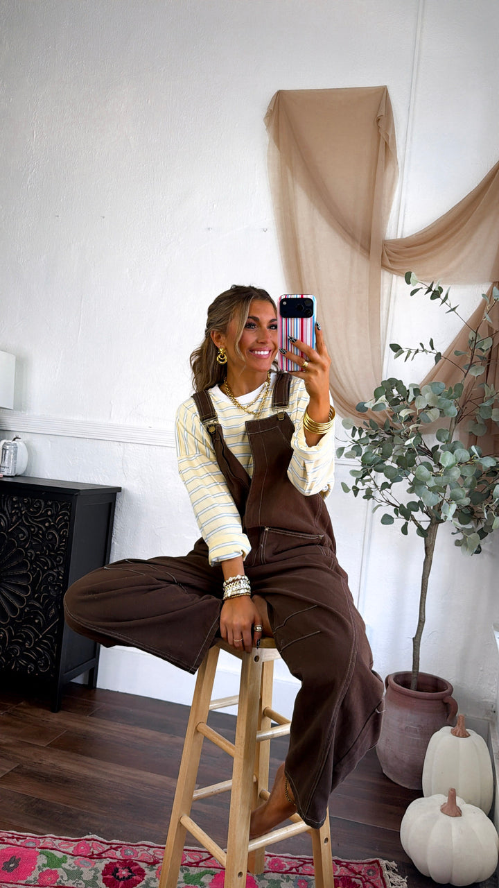 Open Fields Denim Overalls, Mocha Brown