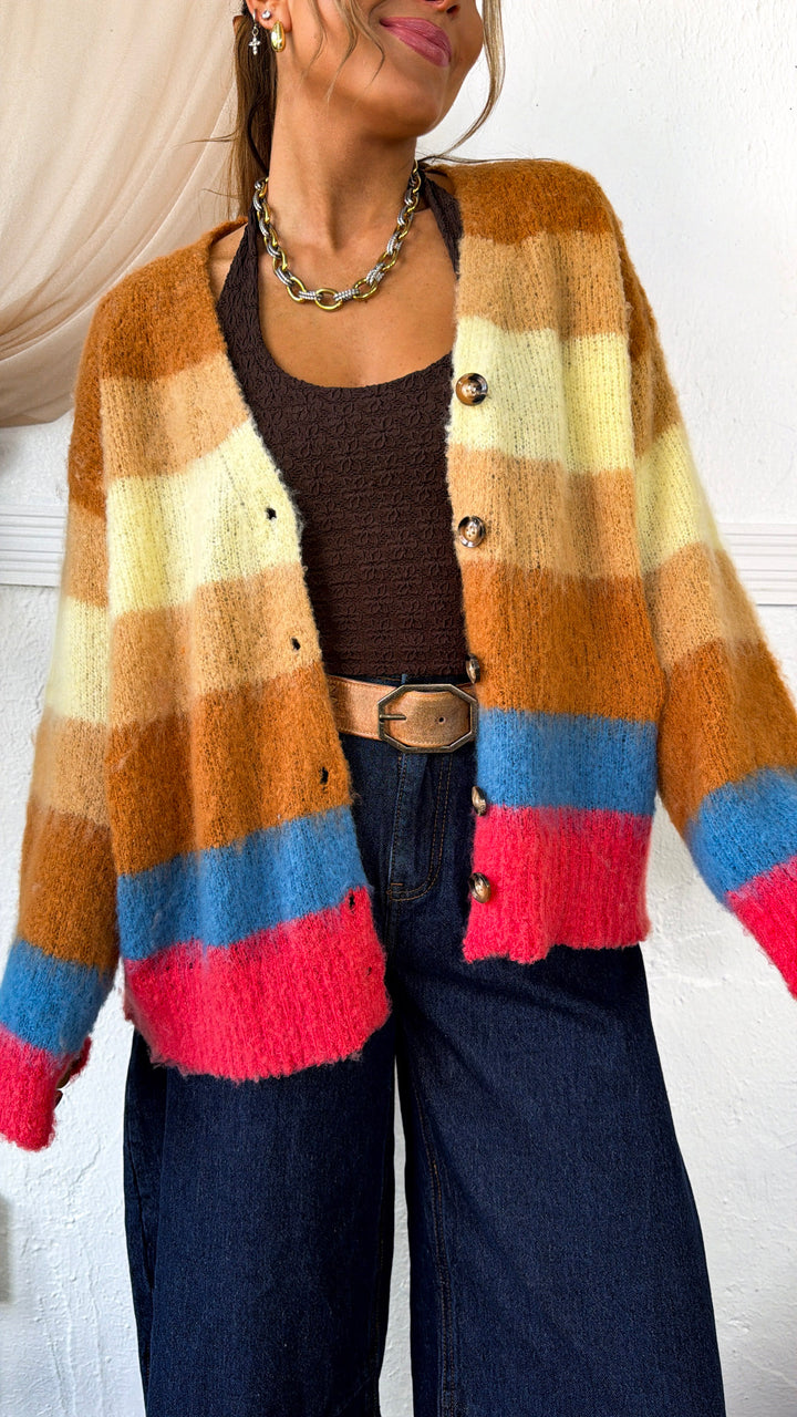 Color Block Stripe Cardigan, Choco Multi