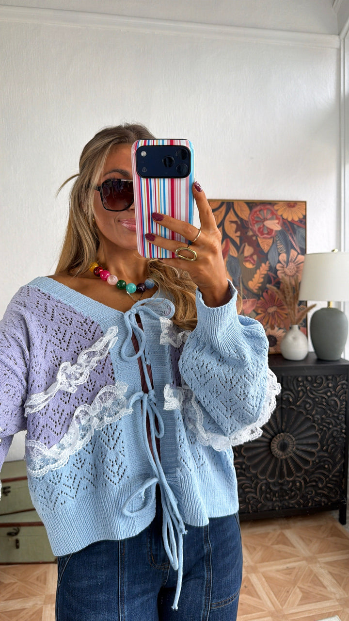 Warm Cottage Cardigan, Sky Blue Multi