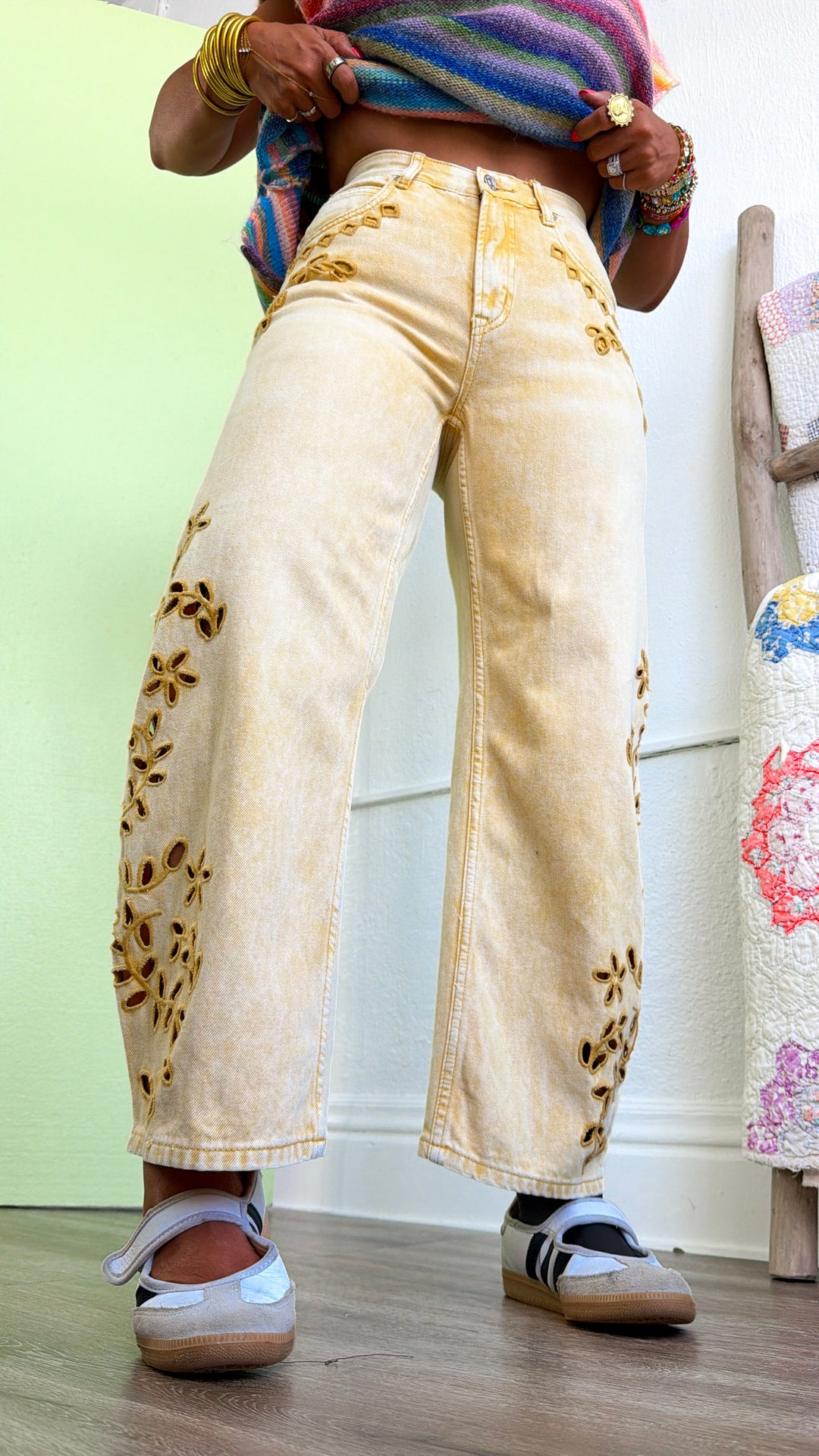 Eyelet Floral Barrel Jeans, Yellow