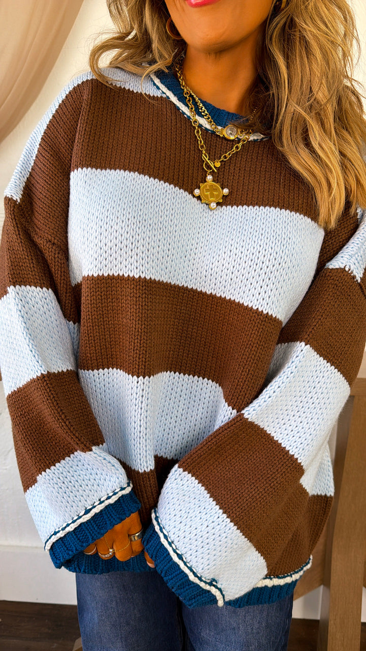 Old School Stripe Sweater, Brown/ Sky Combo