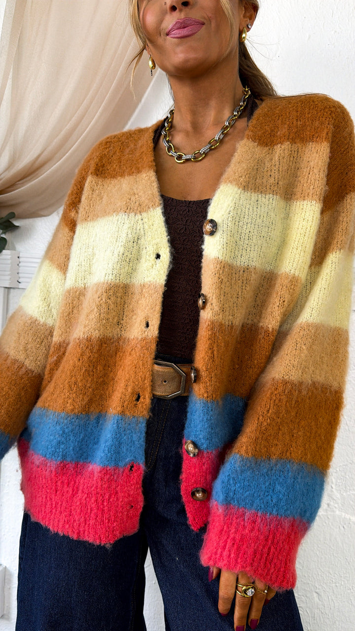 Color Block Stripe Cardigan, Choco Multi