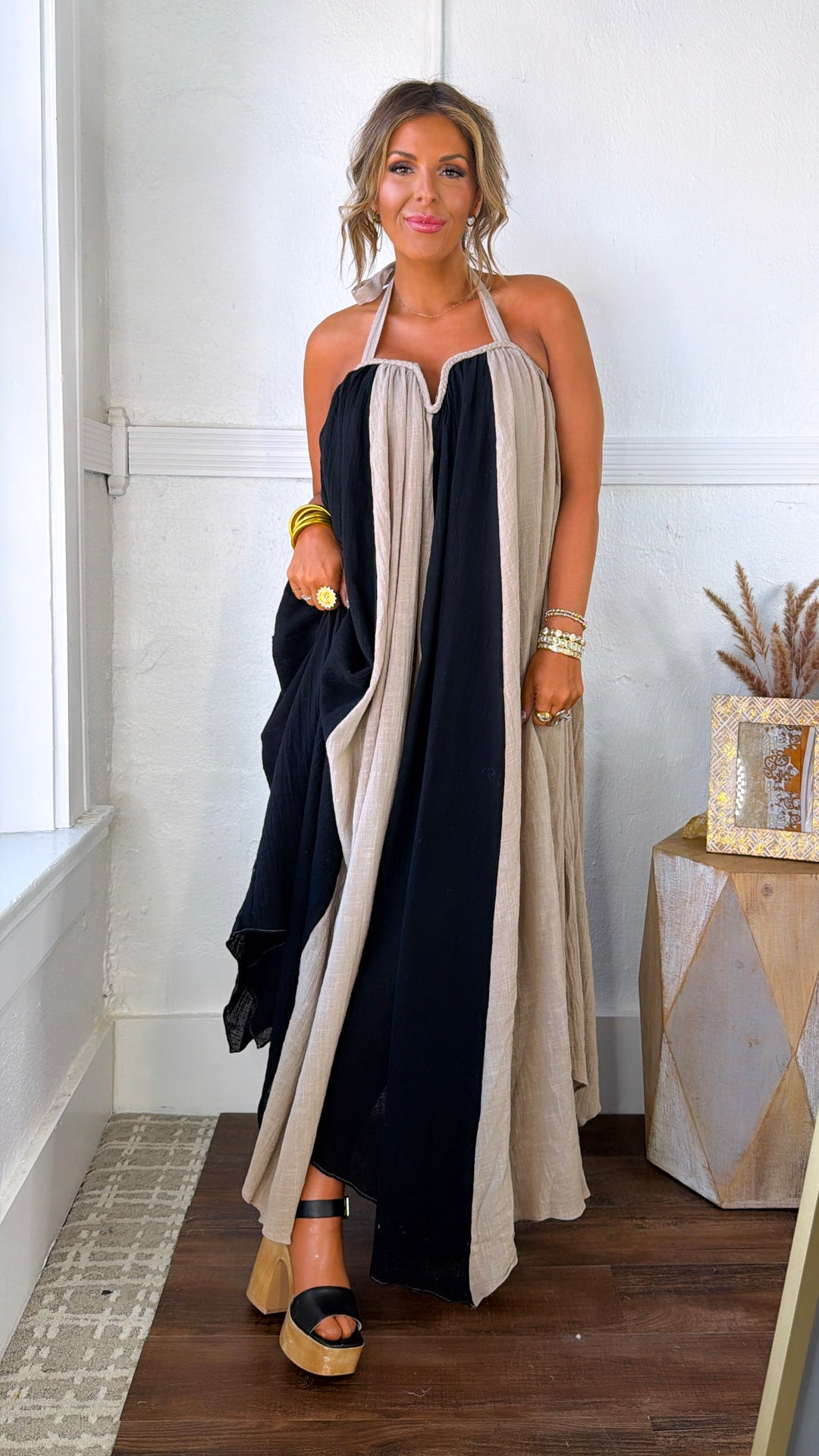 Moonlit Stream Maxi Dress, Sand/Black Small