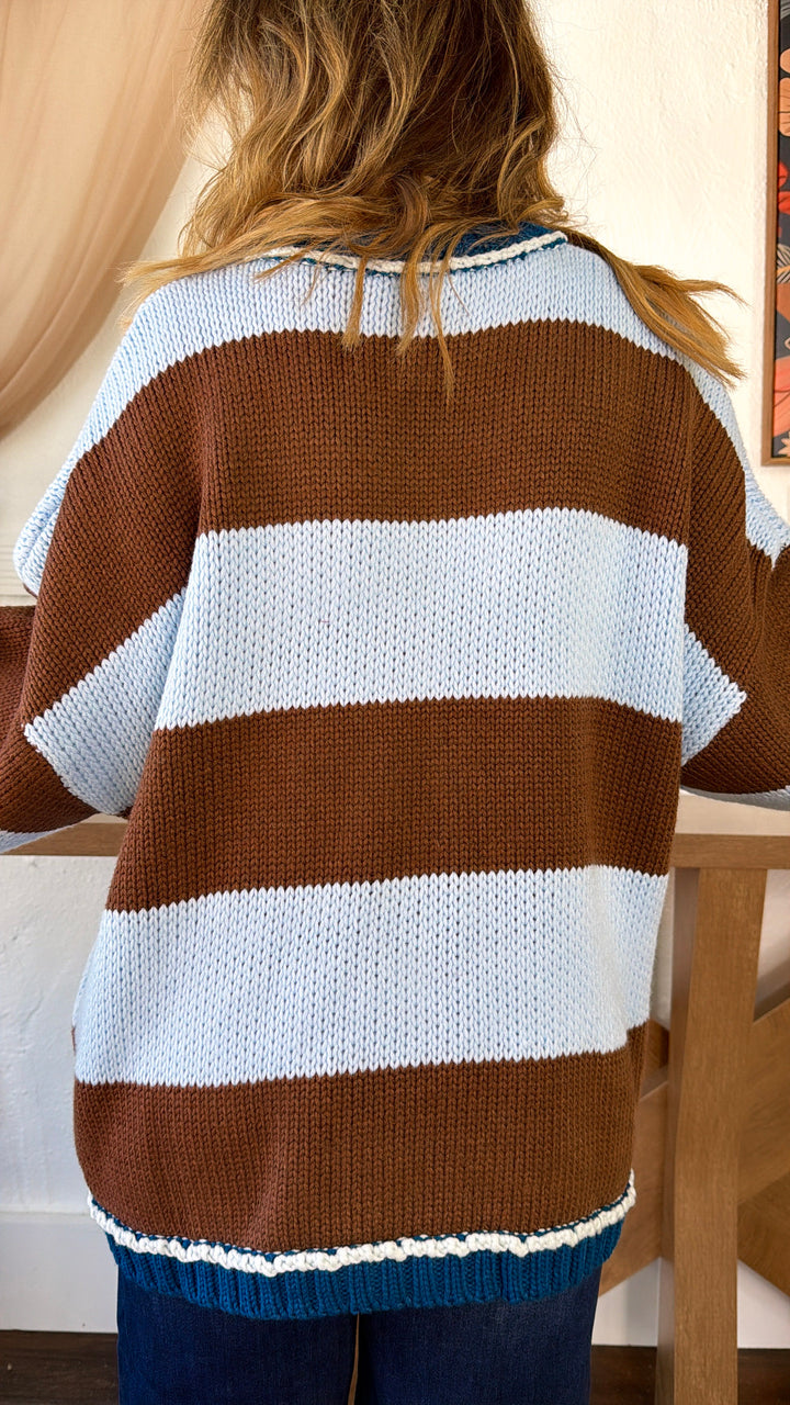 Old School Stripe Sweater, Brown/ Sky Combo