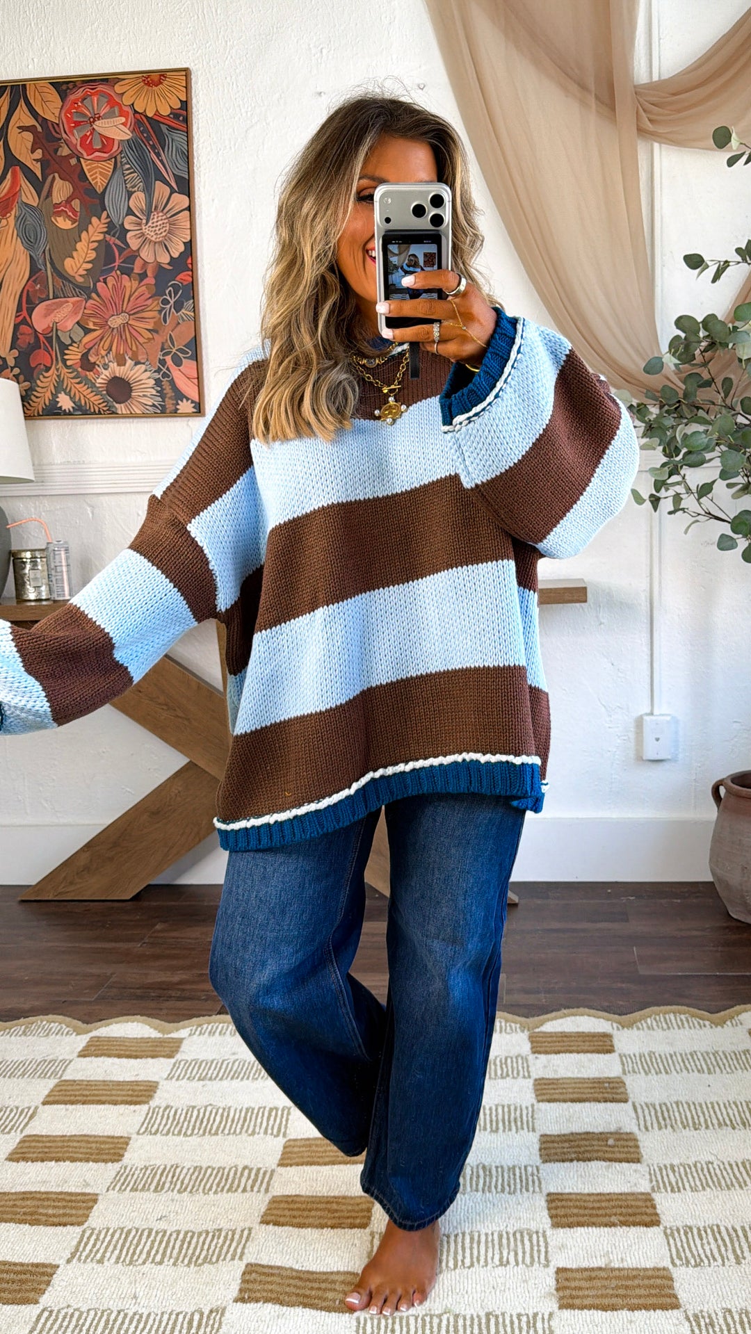 Old School Stripe Sweater, Brown/ Sky Combo