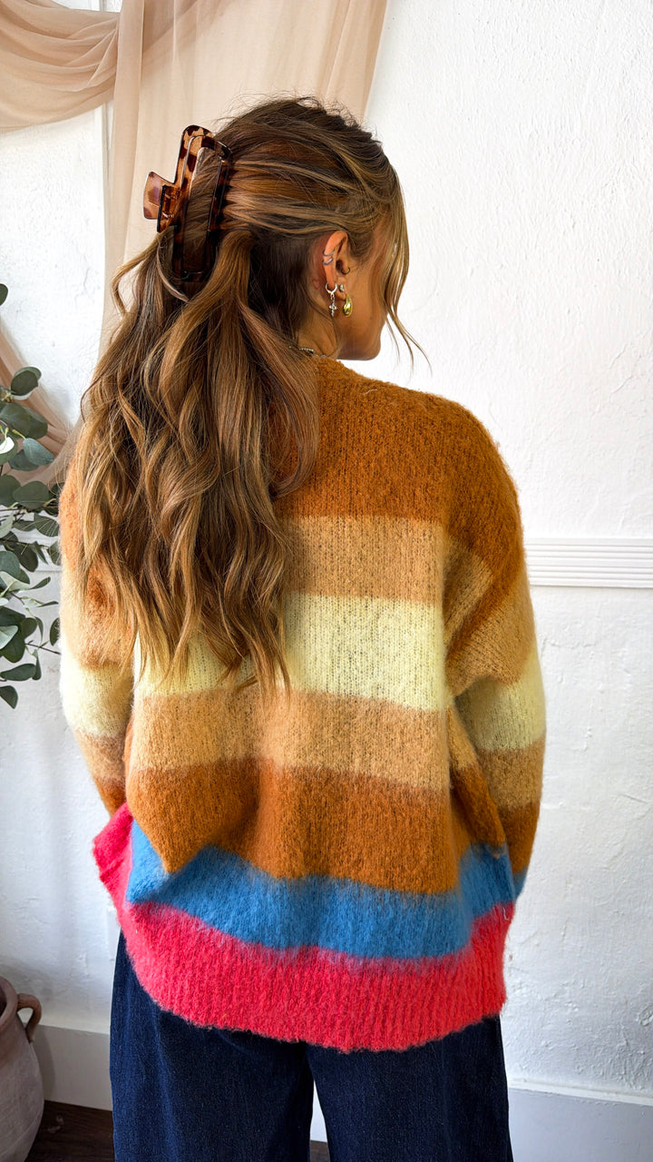 Color Block Stripe Cardigan, Choco Multi