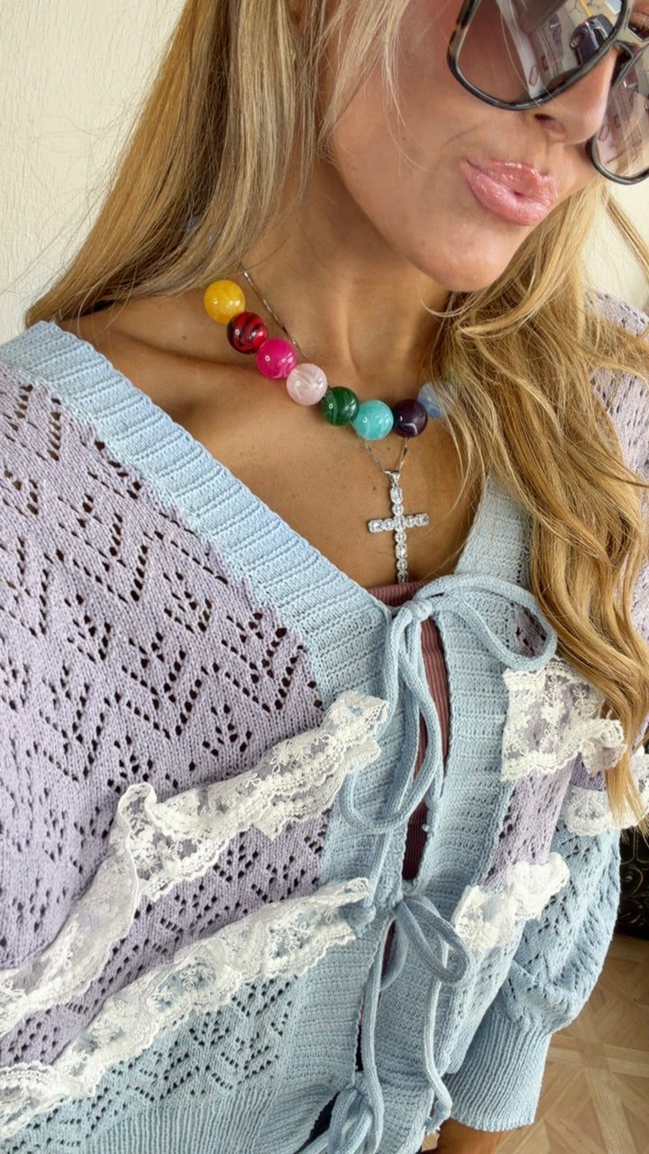 Warm Cottage Cardigan, Sky Blue Multi