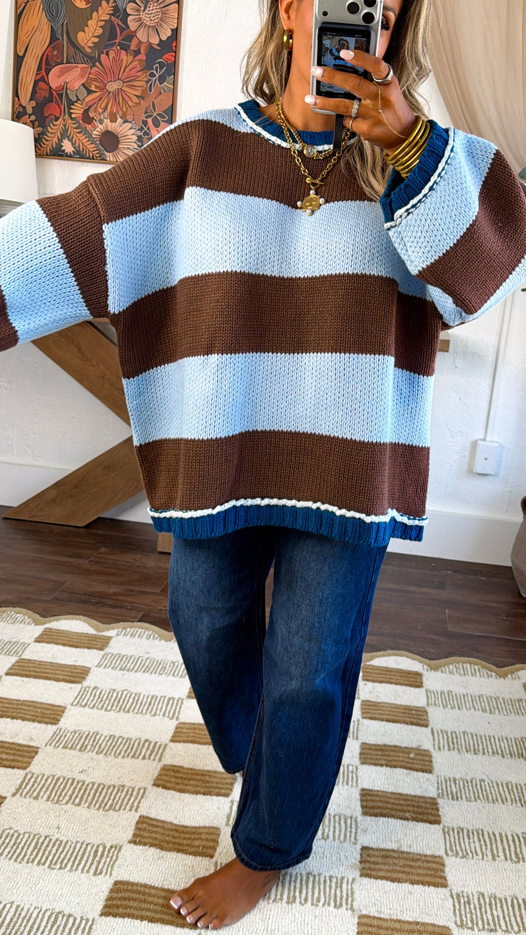 Old School Stripe Sweater, Brown/ Sky Combo