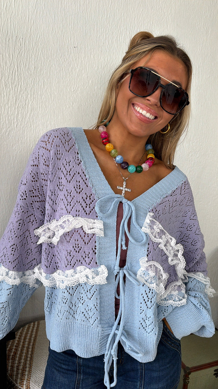 Warm Cottage Cardigan, Sky Blue Multi