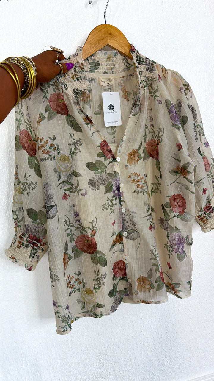 Puff Sleeve Button Down Top, Ivory/Rosewood